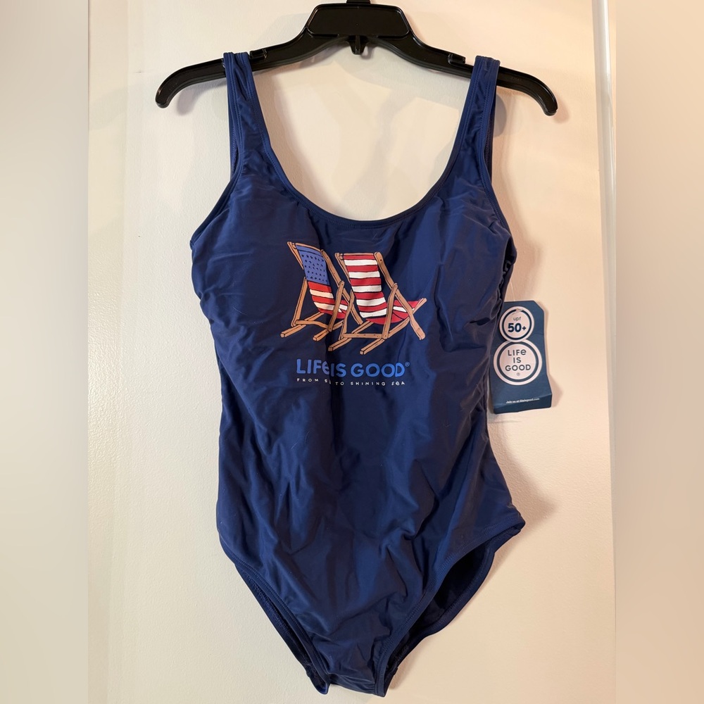 Life Is Good Navy One-Piece Swimsuit with Patriotic Deck Chair Graphic